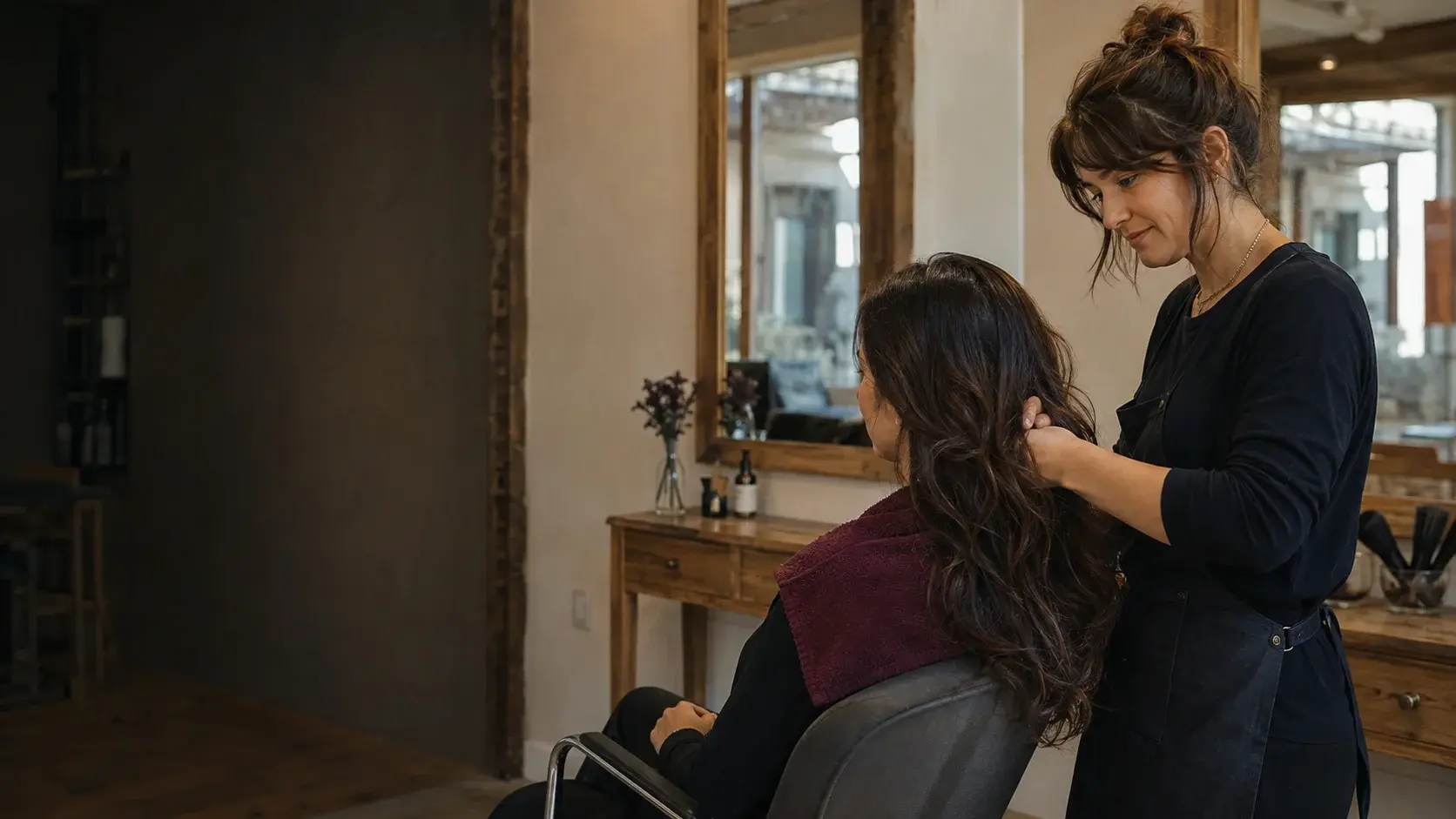 Une coiffeuse prend soin de sa cliente dans un salon lumineux
